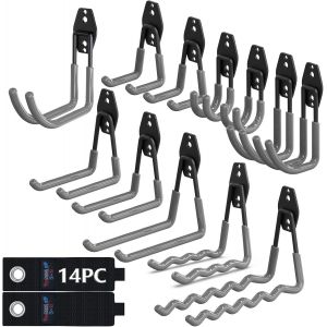 Crochet Mural Garage 14PC,Rangement Garage,Crochet Mural en Acier Avec 3 Soudures au Lieu de 2 Plus Fortes pour Êchelle,Vélos,Tuyaux,Outils électriques(Gris) - Neuf