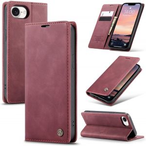 Iphone 16e 5g Premium Leather Flip Case Cover With Card Slot And Stand Function For Iphone 16e 5g Wine Red - Neuf