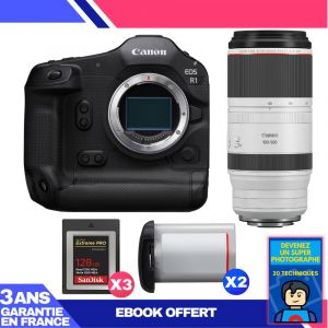Boitier Canon EOS R1 + RF 100-500mm f/4.5-7.1 L IS USM + 3 SanDisk 128GB Extreme PRO CFexpress Type B + 2 Canon LP-E19 + Ebook 'Devenez Un Super Photographe - Neuf