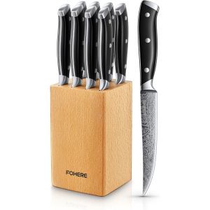 Mevronisshop-Couteaux &Agrave; Steak, 8 Pi&egrave;ces Couteaux De Table Avec Bloc &Agrave; Couteaux, Ensemble De Couverts &Agrave; Steak &Agrave; Lame Droite Extra Tranchante, Avec Motif Damas, Poign&eacute;e Pleine Soie, Couteaux Pour Maiso - Neuf