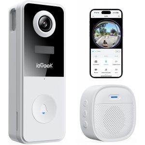 JEXNOVASHOP-2K Sonnette sans Fil Exterieur Etanche, Sonnette sans Fil avec cam&eacute;ra fisheye 180&deg;, Compatible Alexa | D&eacute;tection IA | IP65 &Eacute;tanche | Vision Nocturne | WiFi 2,4 GHz Uniquement | Install Fa - Neuf