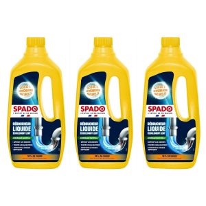 Spado Lot de 3 D&eacute;boucheurs liquide Ecoulement lent D&eacute;truit odeurs compatible fosse - action d&egrave;s 15min - soude min&eacute;rale concentr&eacute;e 30% - 1 L - Neuf