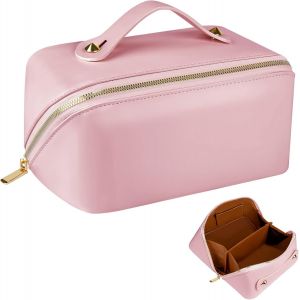 Trousse de maquillage rose pour femme, grande capacité, trousse de toilette de voyage, trousse de maquillage portable en cuir PU, sac de rangement de voyage étanche avec poignée - Neuf