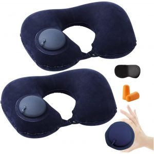 Trahoo-Lot De 2 Coussins De Voyage Gonflables, En Forme De U, Pour Voiture, Bureau, Avec Pompe De Gonflage À Pression, Sac, Masque Pour Les Yeux, Bouchons D'oreilles - Bleu - Neuf