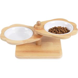 Cmws-Gamelles Surélevées Pour Chat, Support De Gamelle Surélevée Pour Chien Et 2 Gamelles Denses, Mangeoire Pour Animaux De Compagnie Avec Nourriture En Bois Et Eau Pour Chats Et Chiots (2 Gamelles) - Neuf