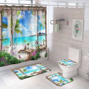 Rideaux de douche 4 pièces avec vue sur la mer, tapis antidérapant (tropical), abattant de WC et tapis de bain, rideau de douche vintage imperméable avec 12 crochets - Neuf