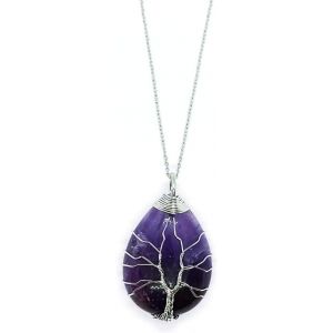 Kal-Bijoux Pendentif Collier Pierre Arbre De La Vie Argenté Fil Forme Goutte D'eau Pierre Précieuse Énergie Avec Chaîne - Neuf