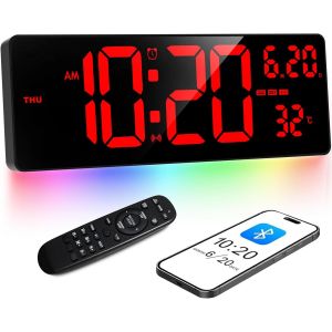 XREXS Grande Horloge Murale Numérique de 16,5"" - Calibrage Automatique de L'heure - Écran Numérique Rouge avec Barre Lumineuse Colorée - Horloge/Température/Calendrier/Minuterie/Réveil - Neuf
