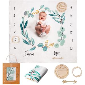 Ulteronixshop-Couverture Etape B&eacute;b&eacute; En Fran&ccedil;ais | Langes | Tapis Mois Gar&ccedil;on Ou Fille, Unisexe | Th&egrave;me Feuilles | Cadeau Baby-Shower Mamans | Tapis Photo | Mousseline De Coton - Neuf