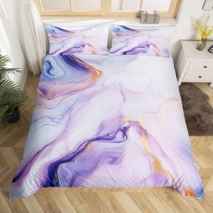 Double (Sans Couette)-Noir Blanc Gris-Parure De Lit Homewish En Marbre Violet Clair, Housse De Couette Fluide Et Abstraite Dorée Pour Homme Et Femme, Motif Marbre À Paillettes Bronzantes, Housse De - Neuf