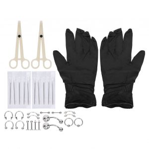 Kit De Piercing Corporel 32 Pieces?: Pinces, Aiguilles, Gants Et Ornements (Couleur Acier) - Neuf