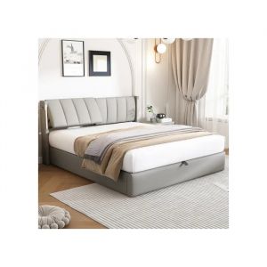 Lit rembourr&eacute; &agrave; double oreiller LED, 140 x 190 cm, lit hydraulique, avec port de recharge USB int&eacute;gr&eacute; dans le cadre du lit, gris - Neuf