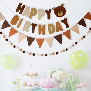 MEVRONISSHOP-Banderole Joyeux Anniversaire - Kit de D&eacute;coration avec Guirlande Pompon et Fanion - Marron Ours pour F&ecirc;te - Neuf