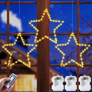 KAL-Rideau Lumineux Étoile Lumineuse, [Lot De 3] Guirlande Lumineuse Fenêtre Noël À Piles Avec Minuterie Télécommande, 40 Led 8 Modes Décoration De Noël Fenêtre Pour Intérieur Extérieur Blanc Chaud - Neuf