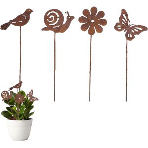 MEVRONISSHOP-4 Pièces Decoration Jardin Exterieur Metal Déco Jardin Métal Rouillé pour Décorer Les Jardins, Les Pots De Fleurs, Les Plantes - Neuf