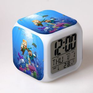 Réveil numérique multifonction Minecraft, réveil LED changeant de couleur-1-Mignon avec lumières LED brillantes et autocollant Minecraft, bon cadeau pour vos enfants - Neuf