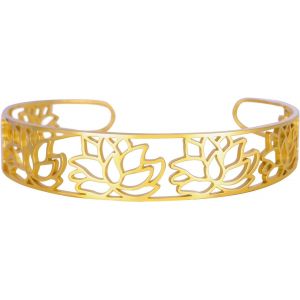Eryi-Lotus Open Cuff Bracelet En Acier Inoxydable Bracelet Lotus Élégant Bracelet Creux Sculpté Réglable Pour Les Femmes De Bijoux Floraux Boho - Neuf