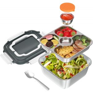 Mevronisshop-Boite &Agrave; Lunch En Acier Inoxydable, 1900ml Bo&icirc;te &Agrave; D&eacute;jeuner Avec Compartiments Et Cuill&egrave;re, Bo&icirc;te &Agrave; Salade &Agrave; Emporter, Bo&icirc;te &Agrave; Bento Anti-Fuite Pour Travail, &Eacute;cole, Pique-Nique - Neuf