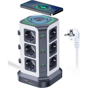 [15W Chargeur sans Fil] Tour multiprise avec Chargeur Induction, 1500 J parafoudre et surtension Multiprise Electrique avec 6 Ports USB et 12 Prises adapté au Salon, Bureau, 2M Cordon - Neuf