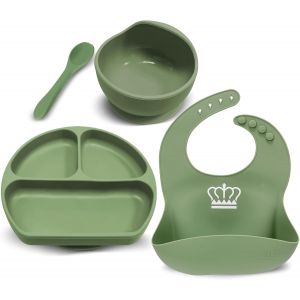 Kal-Lot De 4 Set Vaisselle Silicone Repas B&eacute;b&eacute;, Assiette Ventouse Pour B&eacute;b&eacute;, Bol Ventouse Pour Enfant, Bavoir Imperm&eacute;able, Cuill&egrave;re D`Apprentissage, Sans Bpa, Passe Lave Et Micro Onde (Vert) - Neuf