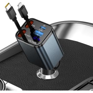 4 En 1 R&eacute;tractable Chargeur Voiture Usb C, Avec C&acirc;bles Type C Et Rebond Instantan&eacute;, Adaptateur De Chargeur De Voiture 2 Ports Usb Et Type C Pour Iphone, Samsung - Gris - Neuf