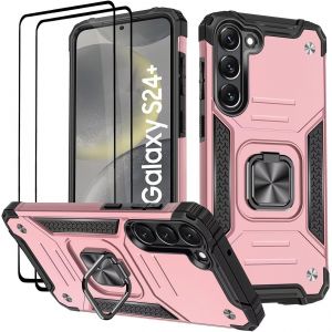 Kal-Coque Pour Samsung Galaxy S24 Plus / S24+, Verre Trempé [2 Pièces] + Housse Tpu Silicone Rotation 360° Aimant Anneau Support Double Défense Protection Etui - Or Rose - Neuf