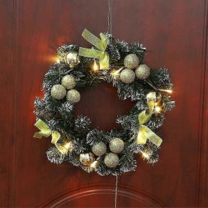 Couronnes de Noël pour porte d'entrée avec lumières,guirlandes de couronnes de Noël avec batterie Noël-30CM-Or - Neuf