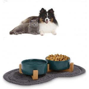 Subzonal-Gamelle Sureleve 2x400ml Ceramique Bol Avce Support Tapis Antid&eacute;rapant Pour Chat Chien (Vert) - Neuf