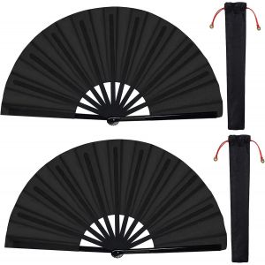 Set Of 2 Large Folding Compartments Chinese Silk Tai Chi Folding Hand Fan Nylon Fabric Chinese Kung Fu Fan With Stand Sleeves For Performance Dance Festival Decorations (Black) - Neuf