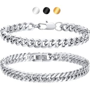 Bnhgc-2pcs Bracelet Homme Gourmette - Chaîne Bracelet Cubaine En Acier Inoxydable, Argent/Or/Noir, 19cm/21cm/23cm, Bijoux Homme Cadeau Pour Garçon Femme - Neuf