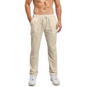 Pantalon De Yoga D'&eacute;t&eacute; En Lin Pour Hommes Avec Cordon De Serrage, Pantalon Coton Lin Homme, Pantalon Long D&eacute;contract&eacute; Et L&eacute;ger. - Neuf