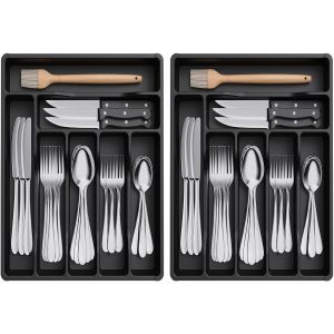 Sjzg-Range Couverts Pour Tiroir, Pack De 2, Organisateur Couverts Tiroir Cuisine Rangement Ustensiles Bac De Rangement Couvert Pour Cuill&egrave;res Fourchettes Couteaux, 7 Compartiments, Noir - Neuf