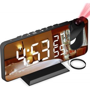 Projecteur Réveil avec Radio, Horloge Numérique, USB, Radio Réveil avec Double Alarme et 7 le Miroir de LED d'Affichage, Fonction Snooze, 4 Niveaux de Luminosité, 12/24H, 15 Volume - Neuf
