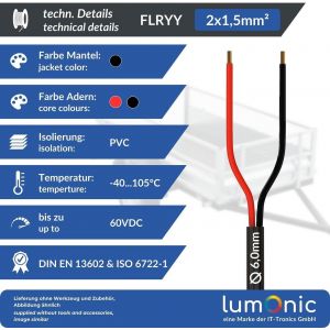 1m FLRYY C&acirc;ble de v&eacute;hicule 2x1,5mm&sup2; Noir|2 Fils|C&acirc;ble de remorque|c&acirc;ble Automobile multiconducteur|R&eacute;sistant aux huiles et aux carburants,Ignifuge|Basse Tension. - Neuf