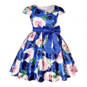 Robe De Princesse Fleurie Pour Fille, Tenue De Soiree Formelle Avec Noud Papillon (Bleu 4) - Neuf