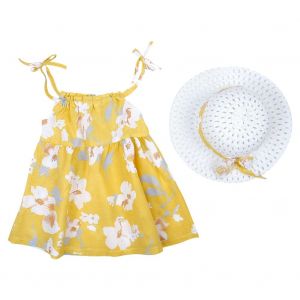 Robe D'ete Une Piece Sans Manches Avec Imprime Floral Et Chapeau De Paille Pour Bebe Fille (Jaune 70) - Neuf