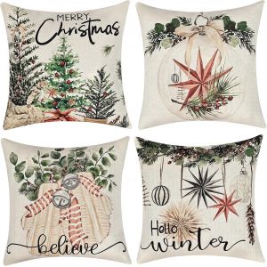 Slep-Housse Coussin Noel 45x45 Cm - Lot De 4 Housse De Canap&eacute; P&egrave;re No&euml;l Coton Et Lin D&eacute;coratif Taie D'oreille, Decoration De Noel Interieur, Coussins Et Accessoires Pour Chambre, Salon, Chaise - Neuf