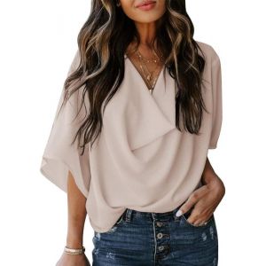 Utigh-Chemisier Femme Col V En Chiffon - Manches Évasées, Tunique Décontractée, Haut Élégant, Top D'été Chic Couleur Unie - Neuf