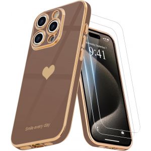 Brs-Coque Compatible Avec Iphone 15 Pro + 2 Films De Protection D'écran, Coque Pour Fille, Coque De Protection D'appareil Photo Galvanisée Pour Iphone 15 Pro, Désert Doré - Neuf