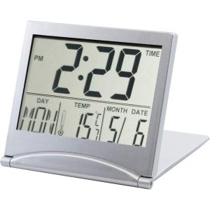 Réveil numérique LCD argenté, température, horloge de bureau pliable, calendrier perpétuel, horloge électronique, mince, pour les voyages. - Neuf