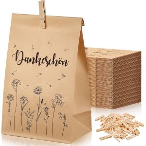 36 Sacs en Papier Kraft en Marron 13 x 24 cm Grands Sacs &agrave; Lunch en Papier Alimentaires avec 36 Clips pour Sandwich Sucr&eacute; Collation &Eacute;picerie F&ecirc;te d'Anniversaire (Style &Eacute;l&eacute;gant) - Neuf