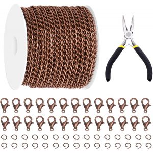 Sjzg-102pcs 30ft Jewelry Chain Set Antique Cuivre Rouge Chaine Chaine Chain Link Rouleau En Vrac Twisted Chain Avec Boucle De Homard Et Anneau De Saut - Neuf