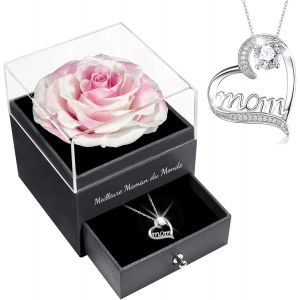 Cadeau Maman, Rose Eternelle avec Bijoux avec Argent 925 Collier, Meilleure Maman du Monde, Collier Anniversaire Femme, Coffret Rose Eternelle, Varie Fleur Pr&eacute;serv&eacute;e Cadeau Anniversaire Noel - Neuf