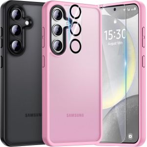 SJZG-Pour Samsung Galaxy S24 Coque,5-En-1 Kit Coque Pour Samsung Galaxy S24 Case Protection Cover,1 Coque & 2 Verre Tremp&eacute; & 2 Cam&eacute;ra Arri&egrave;re Protecteur - Givr&eacute; Rose - Neuf