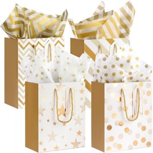 Lot de 4 Pochettes Cadeaux avec Anse, Sacs Cadeaux en Papier, Pochettes en Papier avec Anse, Emballage Cadeau pour Noël, les Anniversaires, Mariages, Fête (Rose+Violet+Vert+Gris) - Neuf