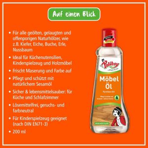 Poliboy Huile d'entretien pour meubles en bois non trait&eacute;s et huil&eacute;s-Huile pour bois incolore pour rafra&icirc;chir et entretenir-2 x 200 ml-Avec chiffon en coton pour l'application-Fabriqu&eacute; en - Neuf