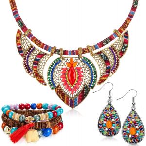 Ensemble De Bijoux Boho Collier Ras Du Cou Tribal De Style Ethnique Bracelet De Perle Multicouche Boho Extensibles Boucles D'oreilles Pendantes Vintage Pour Femmes Fille Cadeau - Neuf
