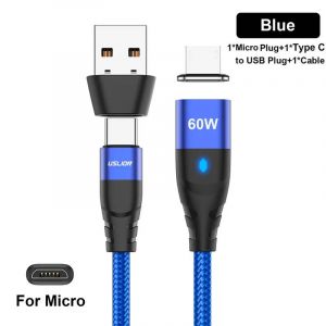 60w Pd Câble De Chargeur Rapide Usb C À Type C Micro Cordon De Données Magnétique 3a Câble Usb Pour Iphone 13 Macbook Huawei Samsung S22-1m-For Micro Blue - Neuf
