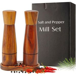 Moulin &Agrave; Sel Et Poivre En Bois D'acacia Avec Soucoupe Lot De 2 Moulins &Agrave; Poivre Et Sel En Bois Avec Plateau - &Eacute;paisseur R&eacute;glable - 20,3 Cm Manuel Moulins &Agrave; &Eacute;pices - Neuf