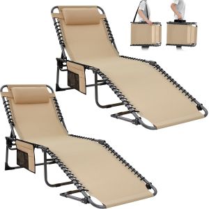 Bain De Soleil Pliants 5 Positions Réglable,Chaise Longue Inclinable Pliable,Lit De Camping Pliant Avec Oreiller Poche Charge Max 180kg Transat De Relaxation Pour Plage Jardin Camping Voyage - Neuf